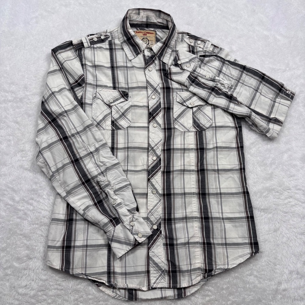 Western Button Shirt Men S White Black Plaid Pearl Snap Rodeo Cowboy Military - Picture 3 of 14